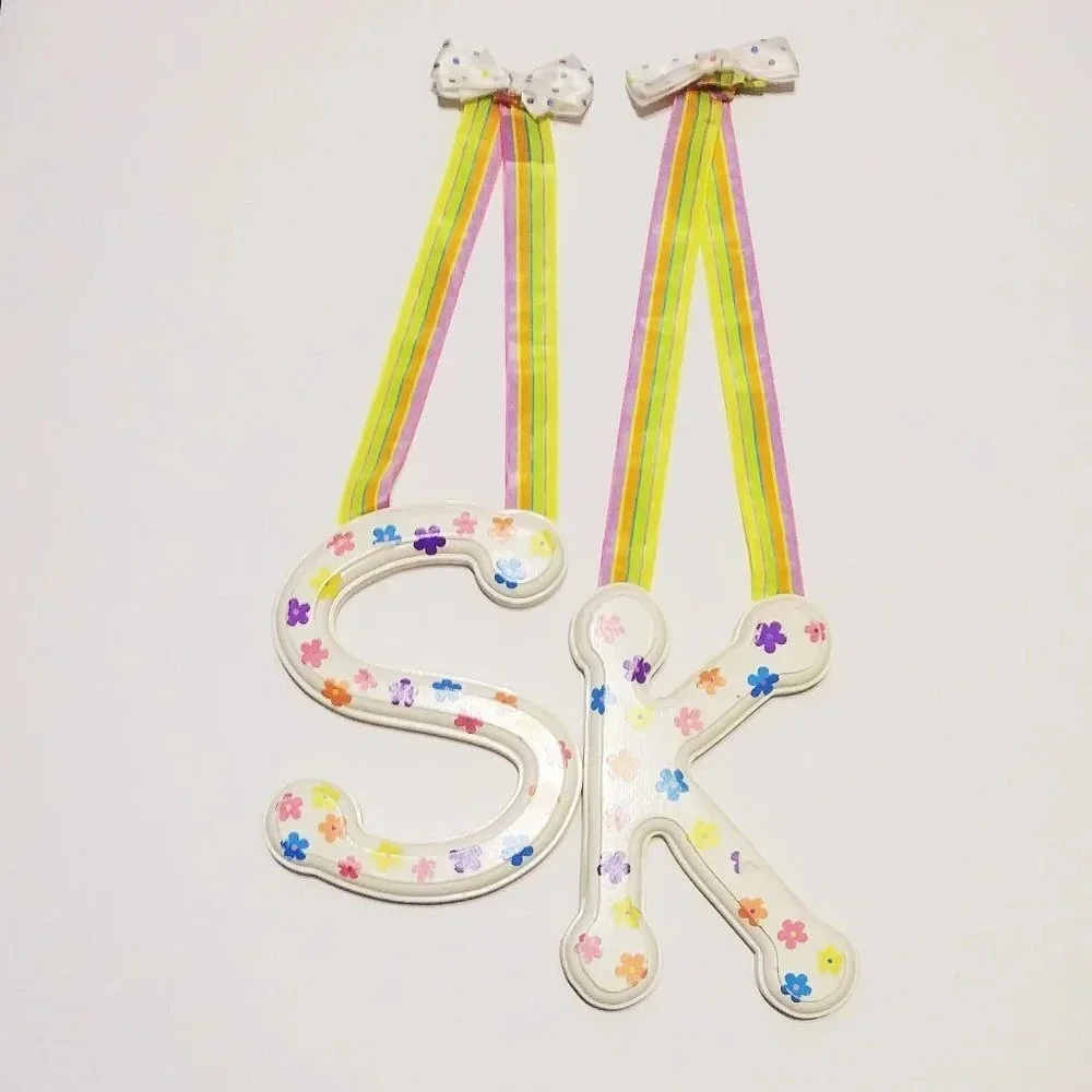 Hand‎ Painted Floral Wooden Letters S K Nursery Wall Decor Ribbon Hanging Set